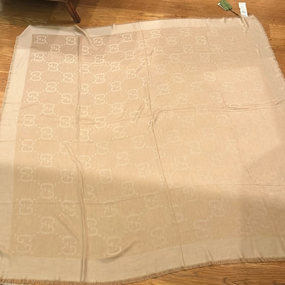 Gucci- GG Jacquard Silk Wool Shaw, camel jacquard features emblematic pattern